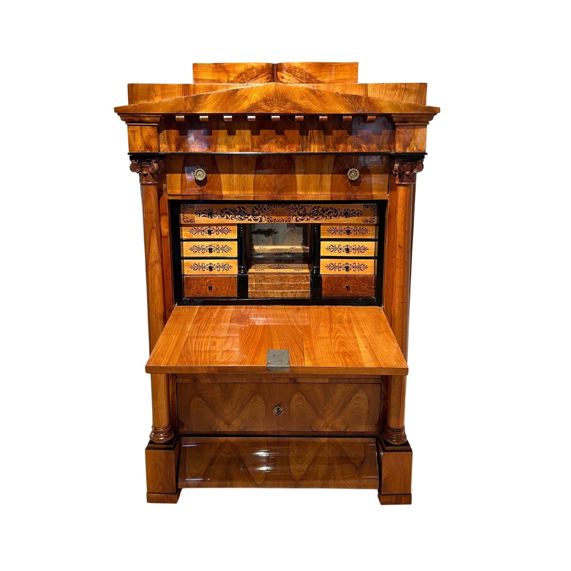 Biedermeier Secretaire, Cherry Veneer, Inlays, Brass, South Germany circa 1830 - Image 2